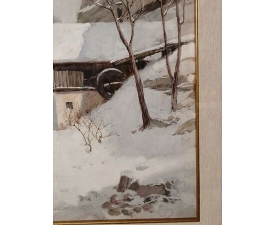 Franz Windhager (Vienna 1879-1959) - Tavola del '900 con paesaggio innevato - Dipinto firmato