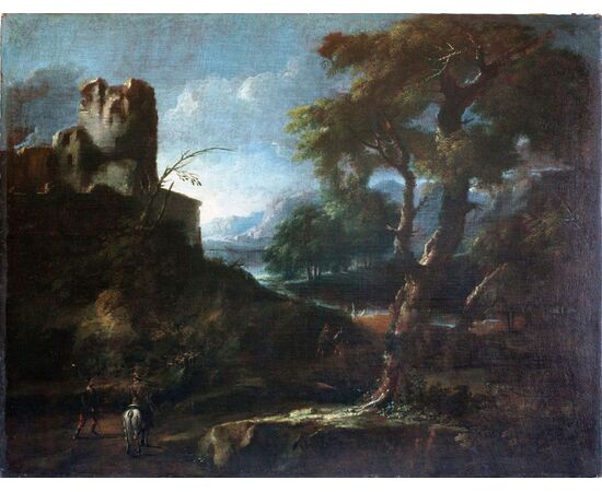 Bartolomeo Pedon (Venezia 1665 - 1732) - Paesaggio con rovine e figure con cornice coeva - '700