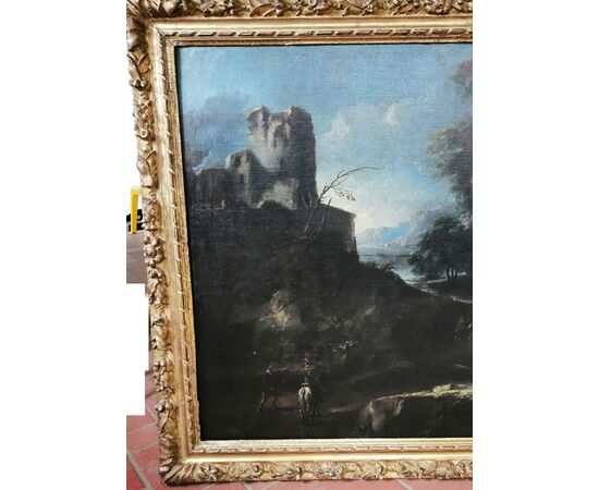 Bartolomeo Pedon (Venezia 1665 - 1732) - Paesaggio con rovine e figure con cornice coeva - '700