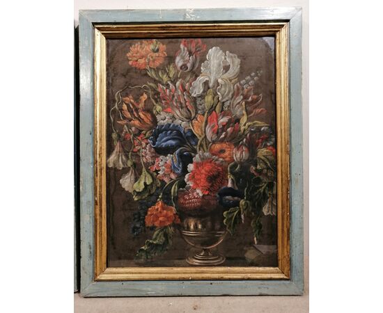 Coppia di nature morte con fiori primi del XVIII secolo - Toscana tempera su cartone - Cornici antiche