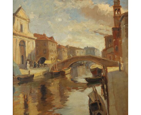 Dipinto di Emil Lindenfeld - Barche sul Canale