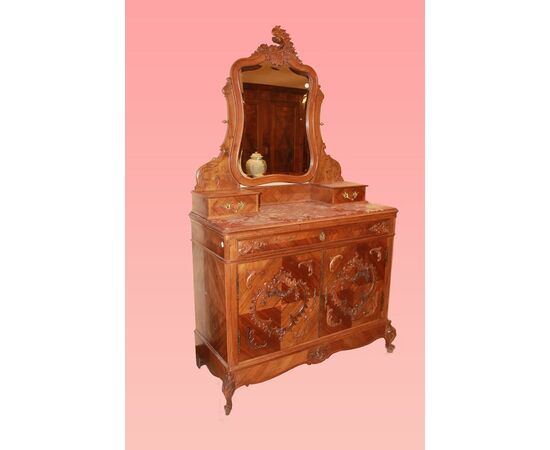 Credenza con alzata stile Luigi Filippo riccamente intarsiata di inizio 1900 fine 1800