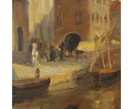 Dipinto di Emil Lindenfeld - Barche sul Canale