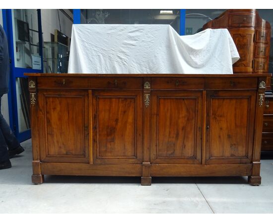 Credenza Impero in noce massello a 4 porte con bronzi 1820 Francia