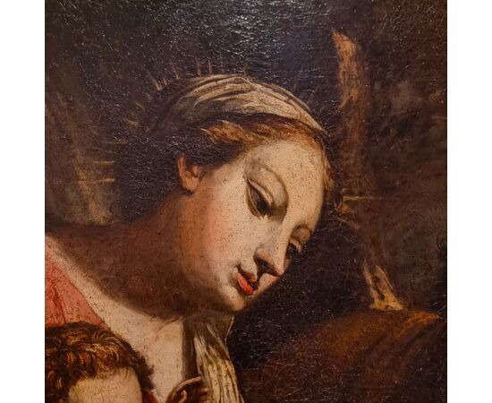 Olio su tela Madonna con Bambino e Arcangelo del 600 scuola Bolognese