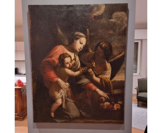 Olio su tela Madonna con Bambino e Arcangelo del 600 scuola Bolognese