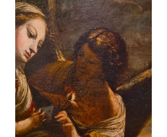 Olio su tela Madonna con Bambino e Arcangelo del 600 scuola Bolognese