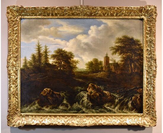 Paesaggio boscoso con cascata, Jacob van Ruisdael (Haarlem 1628 - Amsterdam 1682) attribuibile