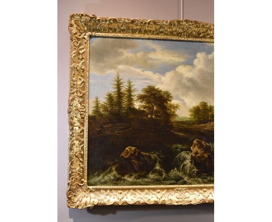 Paesaggio boscoso con cascata, Jacob van Ruisdael (Haarlem 1628 - Amsterdam 1682) attribuibile