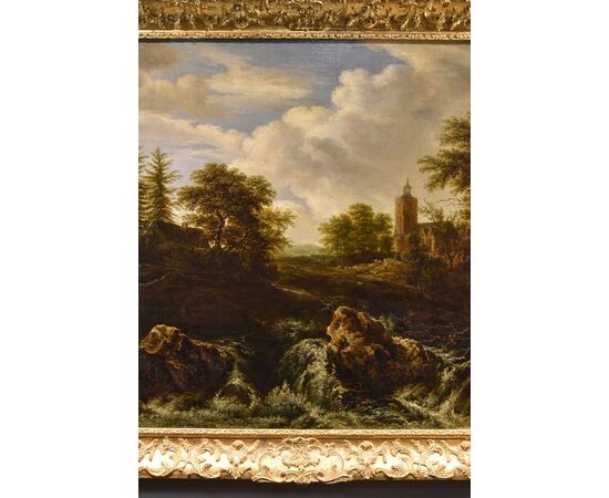 Paesaggio boscoso con cascata, Jacob van Ruisdael (Haarlem 1628 - Amsterdam 1682) attribuibile