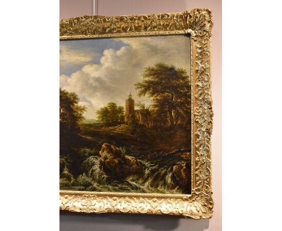 Paesaggio boscoso con cascata, Jacob van Ruisdael (Haarlem 1628 - Amsterdam 1682) attribuibile