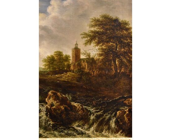 Paesaggio boscoso con cascata, Jacob van Ruisdael (Haarlem 1628 - Amsterdam 1682) attribuibile