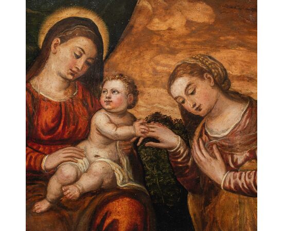 Polidoro da Lanciano (Lanciano 1515 ca. - Venezia 1565) bottega di - Madonna col Bambino e i SS. Giovanni Battista e Caterina.