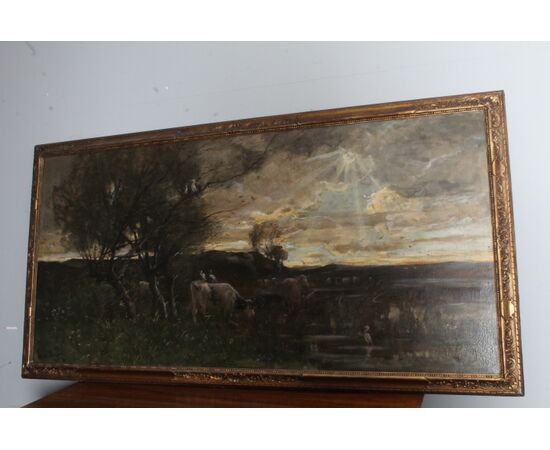 Antico Grande dipinto olio su tela Broks 1891 . Mis 182 x92 paesaggio con Mucche inglese