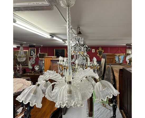 Antico Lampadario Chandelier Barovier e Toso Murano Venice 1930 .  Sei Luci . Lavorazione a rilievo . Mis Altezza cm 90 diametro cm 80 