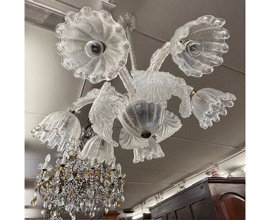 Antico Lampadario Chandelier Barovier e Toso Murano Venice 1930 .  Sei Luci . Lavorazione a rilievo . Mis Altezza cm 90 diametro cm 80 