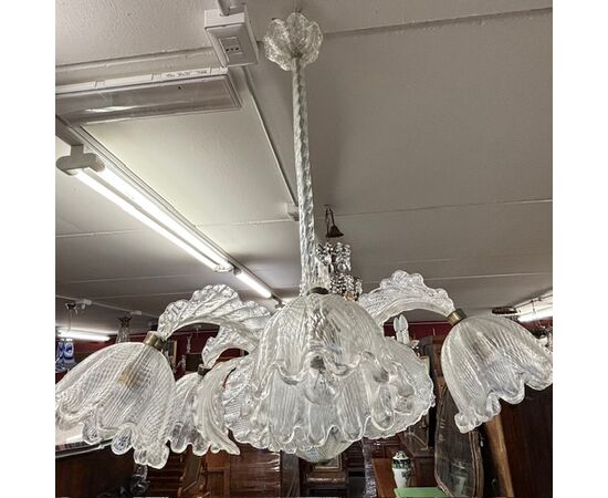 Antico Lampadario Chandelier Barovier e Toso Murano Venice 1930 .  Sei Luci . Lavorazione a rilievo . Mis Altezza cm 90 diametro cm 80 