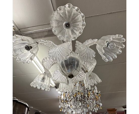 Antico Lampadario Chandelier Barovier e Toso Murano Venice 1930 .  Sei Luci . Lavorazione a rilievo . Mis Altezza cm 90 diametro cm 80 