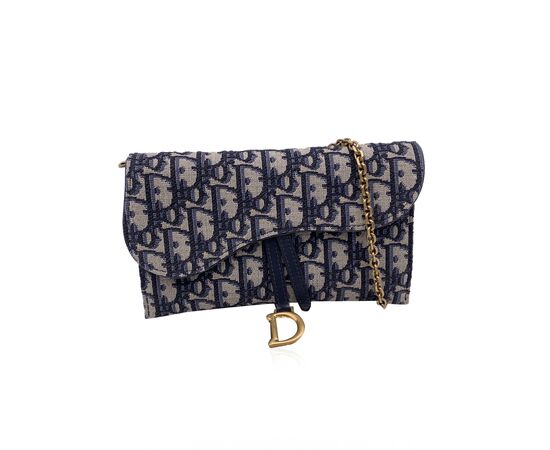 CHRISTIAN DIOR Portafoglio in Tela Col. Blu Saddle Wallet On Chain S