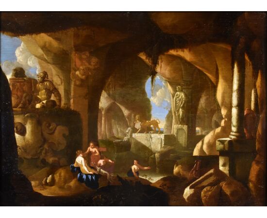 Diana e le ninfe in una grotta, Jacques Muller (Utrecht 1630 - 1680) Firmato: ‘J. Muller f(ecit).’