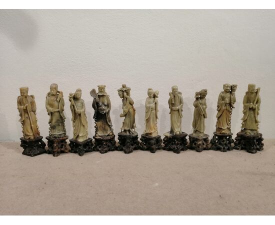 Collezione di 10 statuette cinesi in pietra saponaria XIX secolo - sculture di saggi