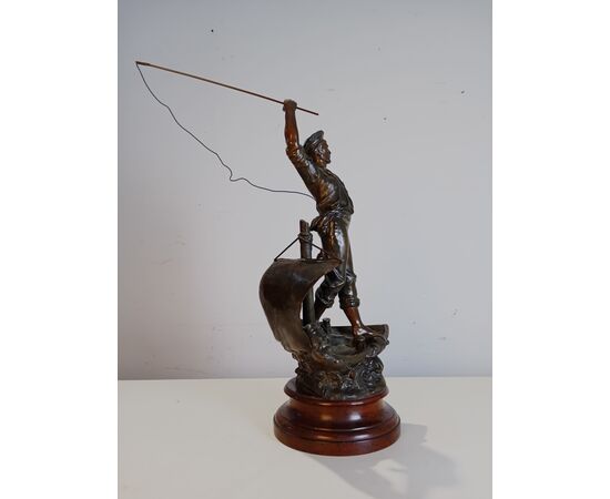 Statua antimonio pescatore su barca - no bronzo - fine '800 - scultura h. 70 cm!