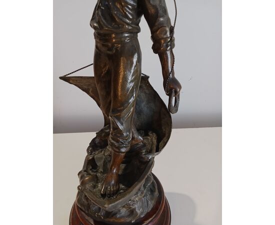 Statua antimonio pescatore su barca - no bronzo - fine '800 - scultura h. 70 cm!