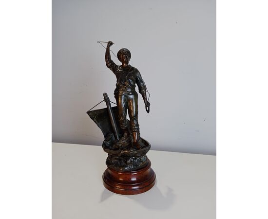 Statua antimonio pescatore su barca - no bronzo - fine '800 - scultura h. 70 cm!