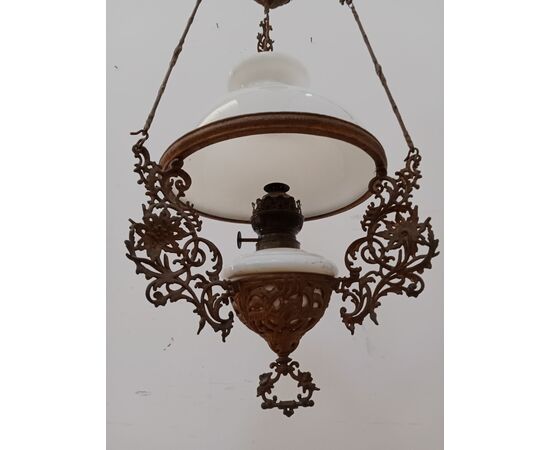 Lampadario liberty in ottone e opalina - lampada ad olio - primi '900