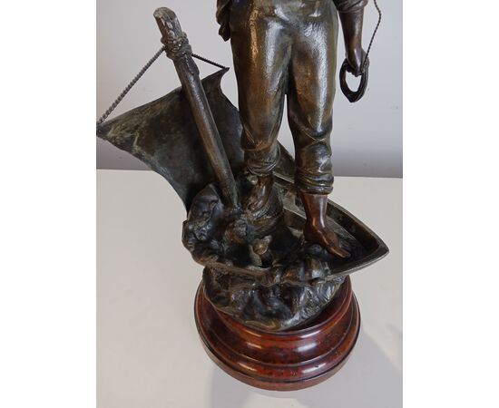 Statua antimonio pescatore su barca - no bronzo - fine '800 - scultura h. 70 cm!