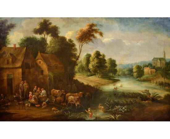 Paesaggio fluviale con scena di vita popolare, Adrien Frans Boudewijns (Bruxelles 1644-1711) e Pieter Bout (Bruxelles 1658-1719)