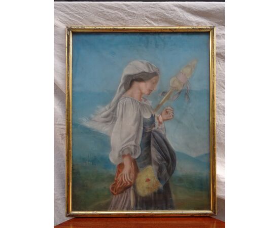 Quadro pastello raffigurante donna datato 1873 Francia cornice foglia oro