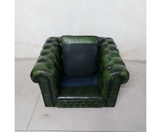 Poltrona chesterfield club vintage inglese originale in pelle verde smeraldo 