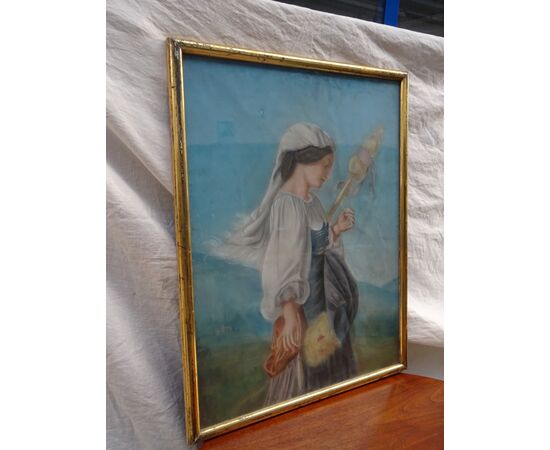 Quadro pastello raffigurante donna datato 1873 Francia cornice foglia oro