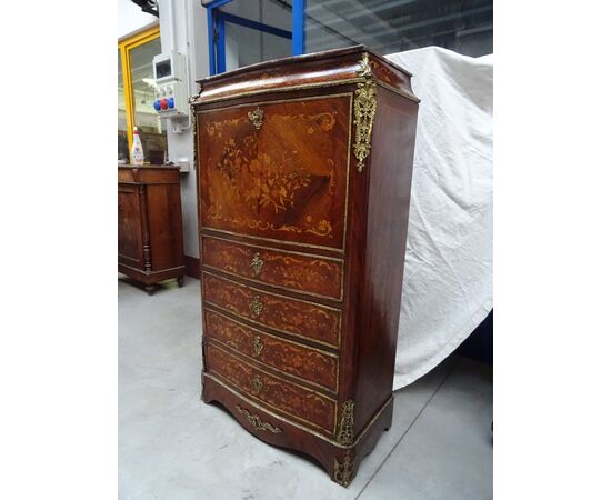 Secretaire bombato palissandro con intarsi in acero 1880 Napoleone III francese