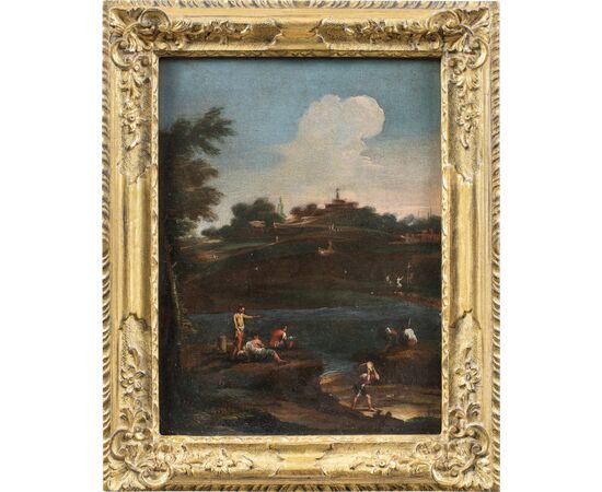 Pittore veneziano (XVIII sec.) - Paesaggio fluviale con personaggi.