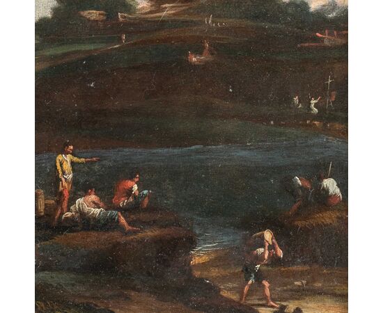 Pittore veneziano (XVIII sec.) - Paesaggio fluviale con personaggi.