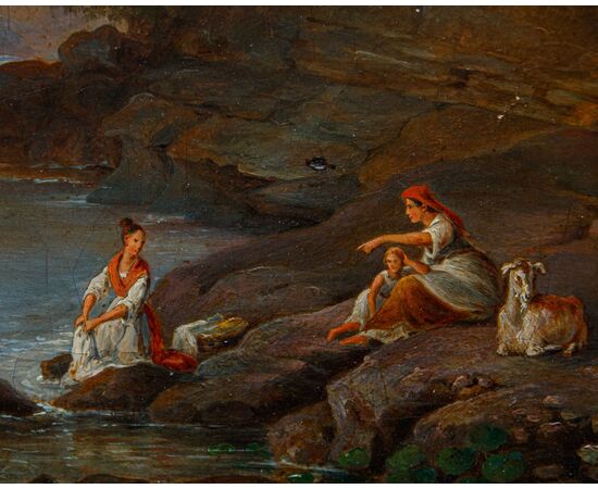 Pietro Della Valle (Livorno, 1819 – Firenze, 1880), Paesaggio con pastorelle e pescatore, 1846