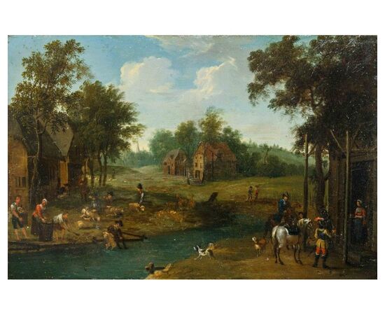 Cerchia di Adriaen Frans Boudewijns (Bruxelles, 1644-1711), Paesaggio con ruscello, villaggio e figure