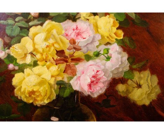 Oil painting on canvas &quot;vase of roses&quot; - O / 8157     