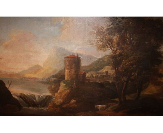 Antico olio su tela italiano del 1700 paesaggio con personaggi e veduta cittadina con cascata