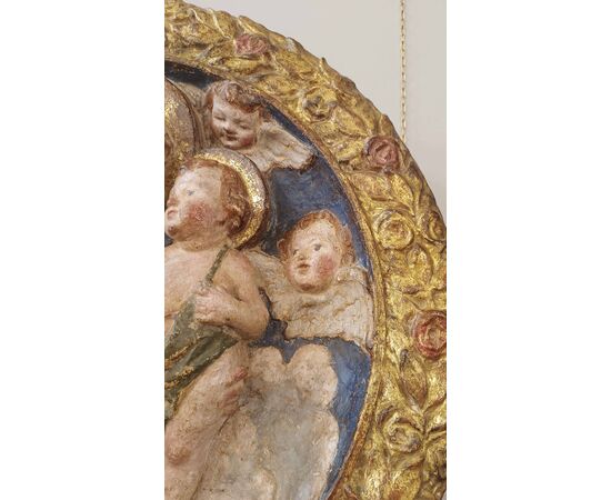 STUCCO POLICROMO MADONNA E BAMBINO META’ XVI SECOLO