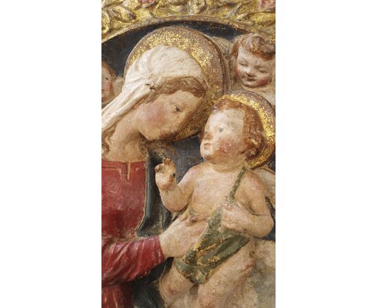 STUCCO POLICROMO MADONNA E BAMBINO META’ XVI SECOLO