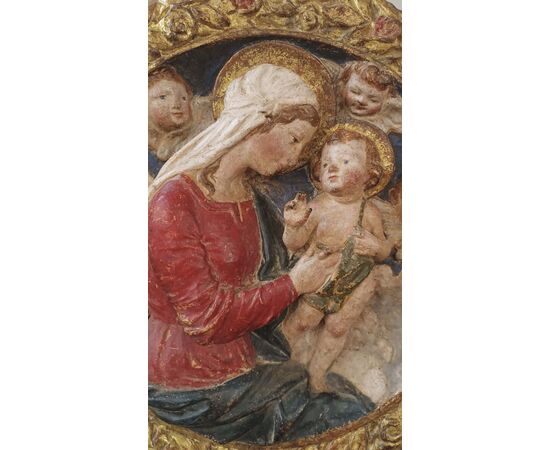 STUCCO POLICROMO MADONNA E BAMBINO META’ XVI SECOLO