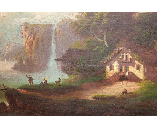 Olio su tela italiano di inizio 1800 raffigurante Paesaggio Montano con Lago e Personaggi