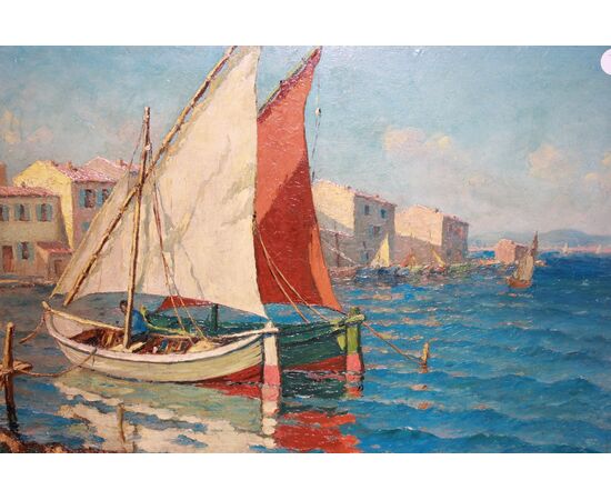 Olio su Tavola Francese Raffigurante Marina L. Gontard - Barche in laguna