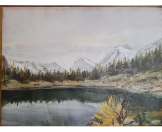 Quadro olio su tela Lago Palù - Valtellina - Dipinto - autore Carini - 1950 ca