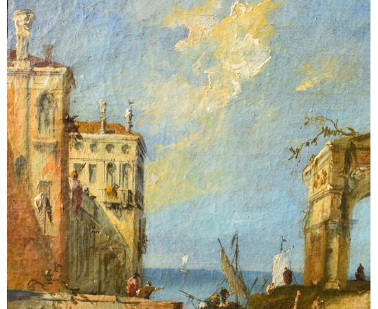 XIX secolo, seguace di Francesco Guardi - Veduta veneziana con capriccio