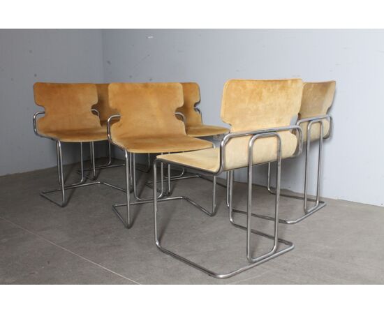 Gruppo sei sedie Willy Rizzo anni 70 In metallo e Alcantara. Design – Modernariato 