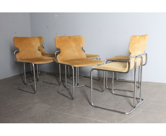 Gruppo sei sedie Willy Rizzo anni 70 In metallo e Alcantara. Design – Modernariato 